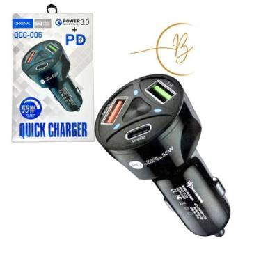 Imagem de Carregador Turbo 15W Para Carro QUICK CHARGE POWER 3.O PD Com 3 Entrad