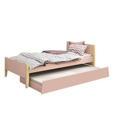 Imagem de Bicama Solteiro Simba Rosa Fosco Com Pés Madeira Natural E Colchões D20 E D33 - Reller Móveis Rosa Fosco