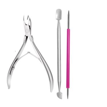 Imagem de Kit Conjunto de Alicate para Cutículas, Espátula em Aço Inox 420 e Palito revestido rosa em aço inox 420