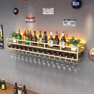 Imagem de HGTRH Suporte de vidro de parede para garrafa de vinho, prateleira suspensa de metal, prateleira de exibição de garrafa de licor com luzes, prateleiras flutuantes para parede com prateleiras de copo