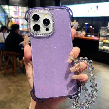 Imagem de HTVJFX Capa ultrafina transparente com glitter para iPhone 15 Pro Max, pulseira e capa sem moldura (para iPhone 15 Pro Max/roxa)