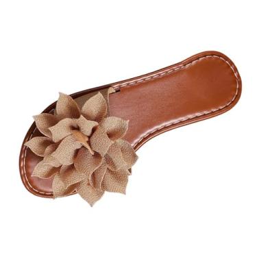 Imagem de Chinelo feminino moderno casual cor sólida floral tecido plano peep toe bico redondo, flock superior exterior interior casual desgaste baixo confortável, Caqui, 36