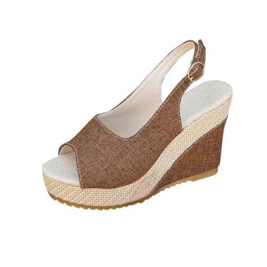 Imagem de Sandália feminina moderna casual primavera verão versátil plus size praia sandália peep toe fivela, Marrom, 39