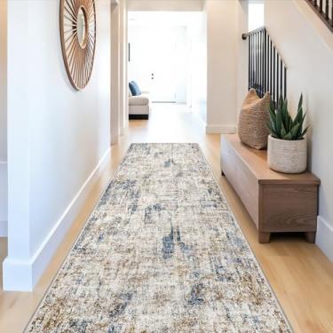 Imagem de Tapete de corredor longo de 9,5 x 4,5 m - Tapete antiderrapante lavável para cozinha com suporte de borracha | Tapete de piso amplo abstrato moderno para entrada interna, quarto, sala de estar (azul