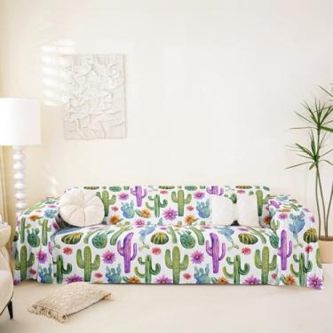 Imagem de jejeloiu Capas de sofá fofas de cacto, laváveis, naturais, boho, suculentas, plantas espinhosas, capas de sofá botânicas, plantas verdes, protetores de sofá para arranhões, 180 cm x 118 cm