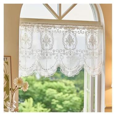 Imagem de Cortinas brancas de renda transparente com bordado floral cortina curta com babados na parte inferior bordada de tule para porta de cozinha e bolso de varão de café
