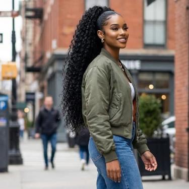 Imagem de Peruca de rabo de cavalo encaracolado de 61 cm, cabelo humano, onda profunda, cordão de rabo de cavalo para mulheres negras, sensação com clipe no cabelo grosso de rabo de cavalo, preto