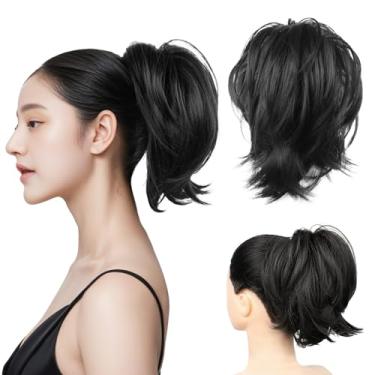 Imagem de CROWN GUIDE Extensão de rabo de cavalo liso de 30,5 cm para mulheres, cabelo humano, rabo de cavalo sintético curto, extensões de cabelo preto, prendedor de garra de rabo de cavalo, perucas updo