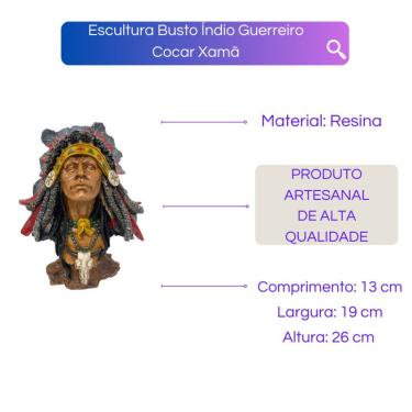 Imagem de Escultura Busto Índio Guerreiro Cocar Xamã 26 cm em Resina
