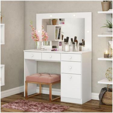 Imagem de Penteadeira 01 Porta 04 Gavetas Espelho E Led Charme Henn Branco