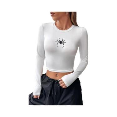 Imagem de Camiseta Cropped Feminina De Manga Longa Com Bordado De Padrão De Aran