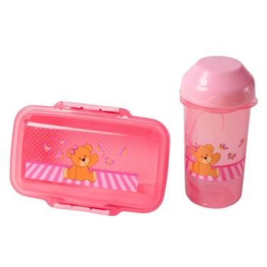 Imagem de kit potinho e copo com tampa infantil urso carro porta lanche pra esco
