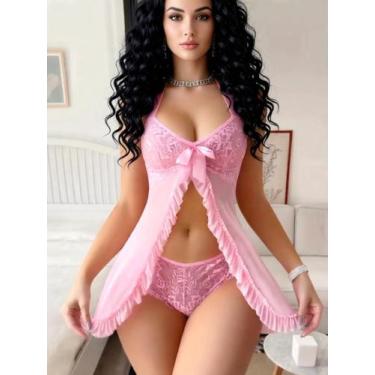 Imagem de Conjunto Camisola de Renda Baby Doll Lingerie Calcinha Sexy - Genérica