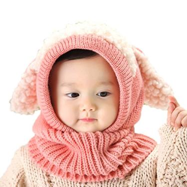 Imagem de Elonglin — Gorro unissex para bebês e crianças pequenas tricotado com capuz de lã quente com orelhas de cachorrinho fofo cachecol gorro gorro para 6 meses a 3 anos rosa