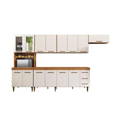 Imagem de Cozinha Atenas Com Vidro Reflecta 14 Portas 3 Gavetas Kaiki Moveis Nature/off White