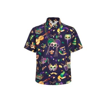 Imagem de Regenboog Camisa masculina Mardi Gras, camisa estampada de manga curta com botões, camisa de praia havaiana casual tropical engraçada masculina, Mardis Gras Roxo 3, GG