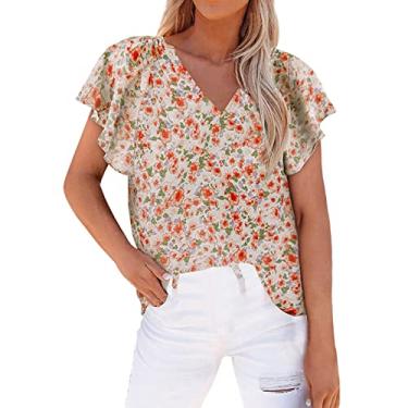 Imagem de Blusas femininas modernas estampadas para sair, plus size, manga curta, blusas fofas de chiffon, camisetas florais para festa, Laranja, XXG