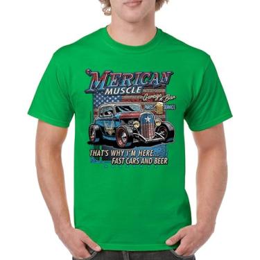 Imagem de Camiseta masculina Merican Muscle Fast Cars and Beer Hot Rod Enthusiast Car Show Bandeira Americana Orgulho dos EUA Route 66, Verde, G
