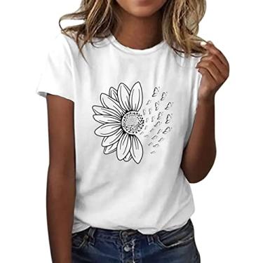 Imagem de Duobla Camiseta feminina de verão com estampa de flores fofas, soltas, gola redonda, manga curta, casual, blusa 2024 fashion, A-1 - Branco, XXG