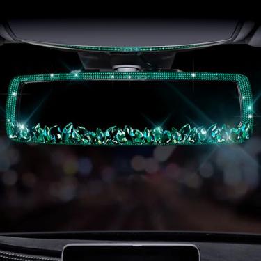 Imagem de Murimt Espelhos retrovisores de carro brilhantes decorações espelho retrovisor com strass de vidro HD espelhos interiores automotivos acessórios de carro brilhantes para mulheres (HSJ-pedra verde)