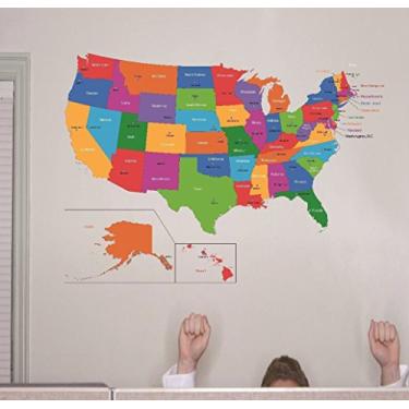 Imagem de Design with Vinyl RAD 1262 Decalque de parede de vinil com mapa mundial dos Estados Unidos da América, sala de aula, professor, estudantes, ensino colorido, ensino de aprendizagem, 40 x 61 cm