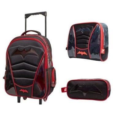 Imagem de Kit Mochila de Rodinha Lancheira e Estojo Em Pvc Holográfico Bat Yins 