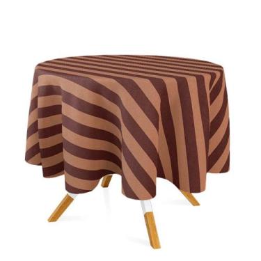 Imagem de Toalha de Mesa Redonda em Tecido Jacquard Marsala e Bege Listrado Trad