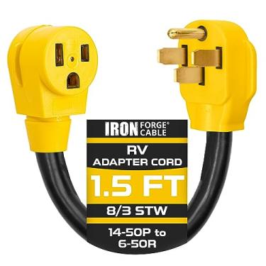 Imagem de Iron Forge Cable Cabo de alimentação para trailer, gerador e adaptador elétrico RV, plugue macho 14-50P para fêmea 6-50R, adaptador de plugue de 0,5 m - 10/3 STW amarelo