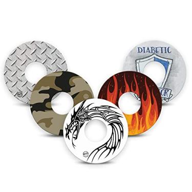 Imagem de ExpressionMed - Adesivos adesivos para dispositivos (pacote com 5) - Feito nos EUA, impermeável, não desfia, fitas de sensor CGM pré-cortadas (Pacote com variedade guerreiro) (Libre 3 e Libre 3 Plus)