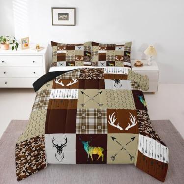 Imagem de Erosebridal Jogo de cama queen camuflado de caça de veado, estilo cabana rústica, para homens e mulheres, marrom e preto, xadrez, camuflagem, conjunto de cama com estampa de patchwork ocidental, 3