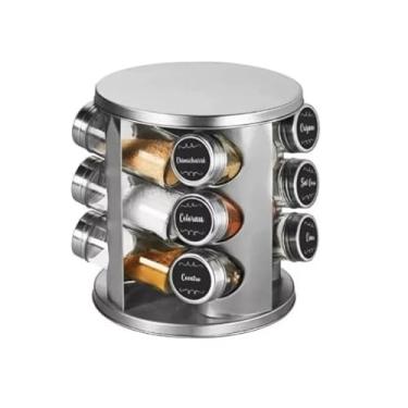 Imagem de Porta Temperos Condimento Giratorio Inox Escovado 12 Potes de Vidro - Kit Pratico Elegante ideal para Presentes Redondo