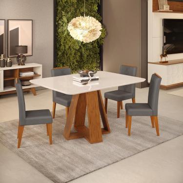 Imagem de Conjunto de Sala de Jantar 4 Cadeiras Yasmin Lunar Tampo Chanfrado Curvo Kiara Freijó Off White dj Móveis