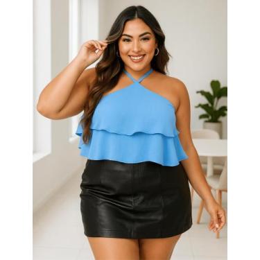 Imagem de Blusa Feminina Plus Size Cropped Frente Única Bata Soltinha Alça Amarr
