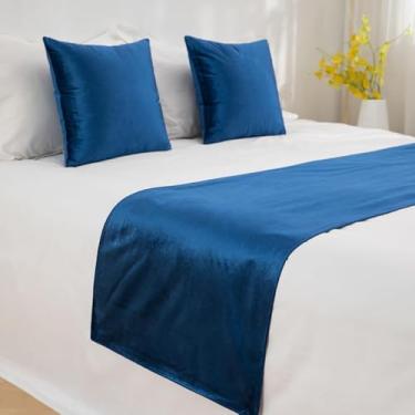 Imagem de Cachecol de corredor de cama de hotel luxuoso cor sólida decoração de cama moderna toalha de cama de veludo macio sem desbotamento proteção para cama de solteiro queen king size - azul escuro||Queen