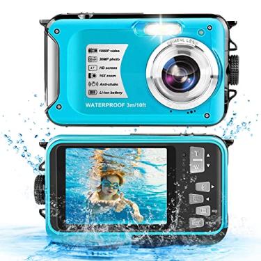 Imagem de Câmera à prova d'água 1080P Full HD 10FT Câmera subaquática Resolução de vídeo 30MP 16X Zoom Câmera digital à prova d'água para snorkeling, férias (azul)