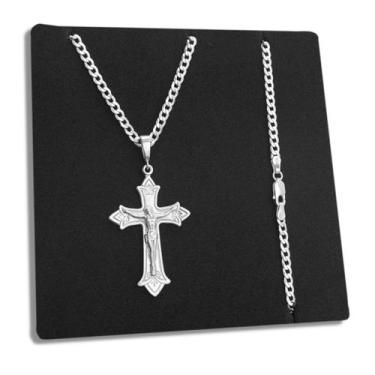 Imagem de Corrente Grumet e Pingente Crucifixo Jesus Cristo de Prata 925 Legítim