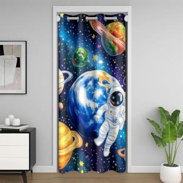 Imagem de meiyoeat Cortina de porta com sistema solar astronauta para privacidade, 122 x 203 cm, 1 painel infantil, galáxia, armário, porta, cortina, para meninos e meninas, universo planetas, cortina de