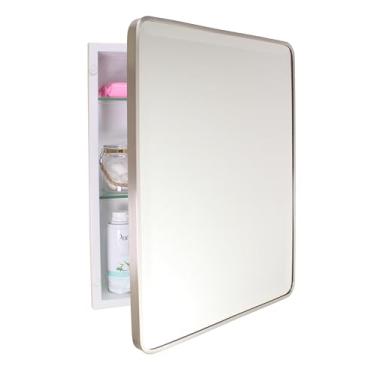 Imagem de Gabinete de remédios para banheiro embutido retangular arredondado Austin Farmhouse 40 x 50 cm, espelho chanfrado, abertura de parede de 35 x 45 cm, aço revestido com pó, prateleiras de vidro, fecho