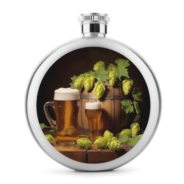 Imagem de Cantil de aço inoxidável, cantil de bolso com impressão de cones de cerveja e lúpulo, garrafa de viagem, portátil, garrafa de licor, garrafa de metal