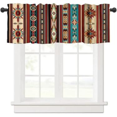 Imagem de Cortinas de saia indígenas astecas para cozinha, sanefas geométricas tribais do sudoeste para janela de cozinha, cortinas curtas estampadas étnicas navajo americanas para janelas pequenas, café