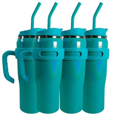 Imagem de Kit 4 Garrafa Térmica Grande 1,2 Litros com Canudo e Alça Removível em Aço Inox - Ideal para Bebida Quente e Gelada (Azul Claro)