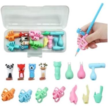 Imagem de Kit Adaptador Escrita Infantil 3 Dedos TEA TDAH Ansiedade Motricidade Fina Apoio Lápis Ergonômico Reeducação Postura Escolar 16 Peças Estojo Colorido Precisão Fluidez Educação Inclusiva