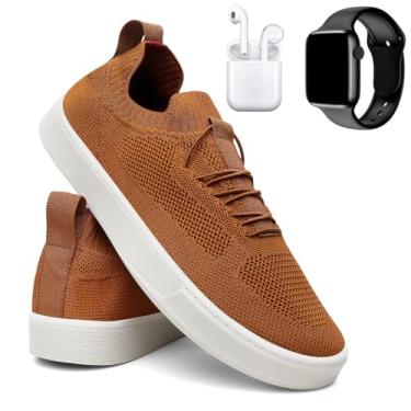 Imagem de Tênis Masculino Knit Casual Básico Calce Fácil Confortável + Fone + Relógio - Caramelo/44