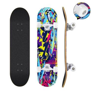 Imagem de Skates para iniciantes, skate completo de 78,7 x 20,32 cm para crianças, adolescentes e adultos, 8 camadas Maple Double Kick Deck Concave Cruiser Trick Skateboard com skate multifuncional (Bule Catoon