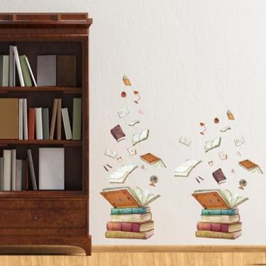 Imagem de SUPERDANT 2 folhas de adesivos de parede de livros mágicos com livros voadores, bolsa escolar, tesouras, decalques de parede, régua, decoração de arte de globo para decoração de vinil para sala de
