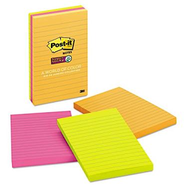 Imagem de Post-it Notas grandes super adesivas, cores sortidas, forrado, 101 mm x 152 mm, 90 folhas/bloco, 3 blocos - notas autoadesivas para anotações, listas de tarefas e lembretes