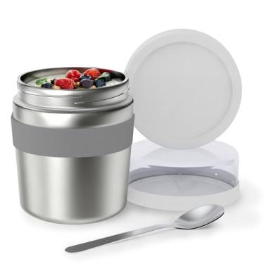 Imagem de Bakpoco Pote de comida isolado destacável 2 em 1, garrafa térmica de sopa de 479 g para crianças e adultos com recipiente de lanche de 190 g, recipiente de almoço isolado de aço inoxidável com colher