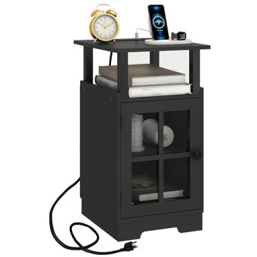 Imagem de MMEOLUOOK Mesa de cabeceira com estação de carregamento, mesa lateral com portas USB e tomadas, mesa de cabeceira com armazenamento para quarto, sala de estar, quarto MLBZ08BE