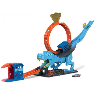 Imagem de Hot Wheels City Track Set com 1 Carro de Brinquedo, Corra Através de um Gigante Loop para Derrotar um Grande Dinossauro, Conjunto de Pista
