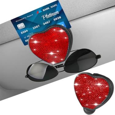 Imagem de Suporte de óculos de sol brilhante para viseira de sol de carro, suporte de suporte magnético de couro PU, clipes organizadores de óculos, decoração de cristal, clipe de cartão de bilhete (vermelho)